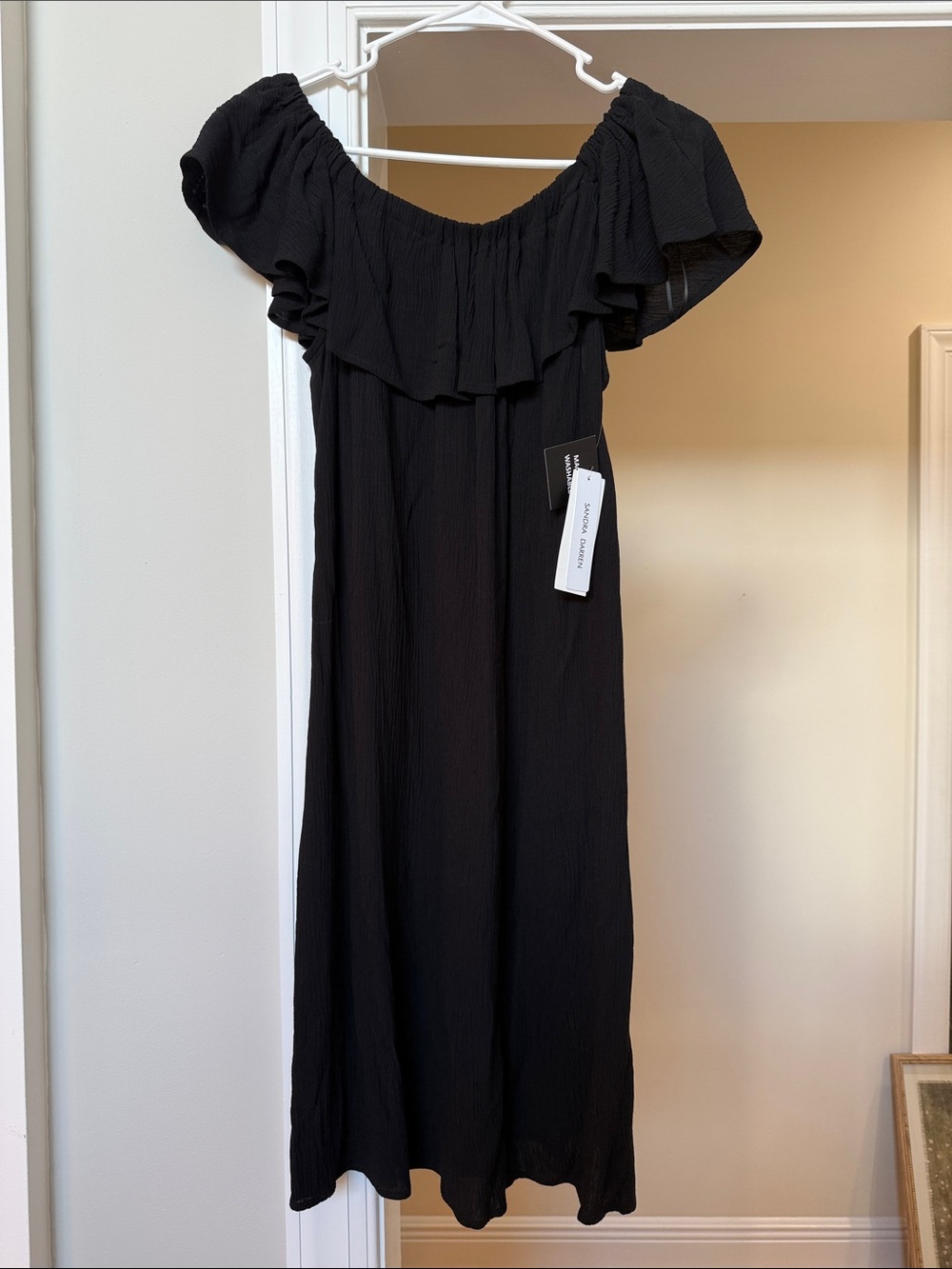 Sandra Darren Black Off-Shoulder Midi Dress with Ruffle